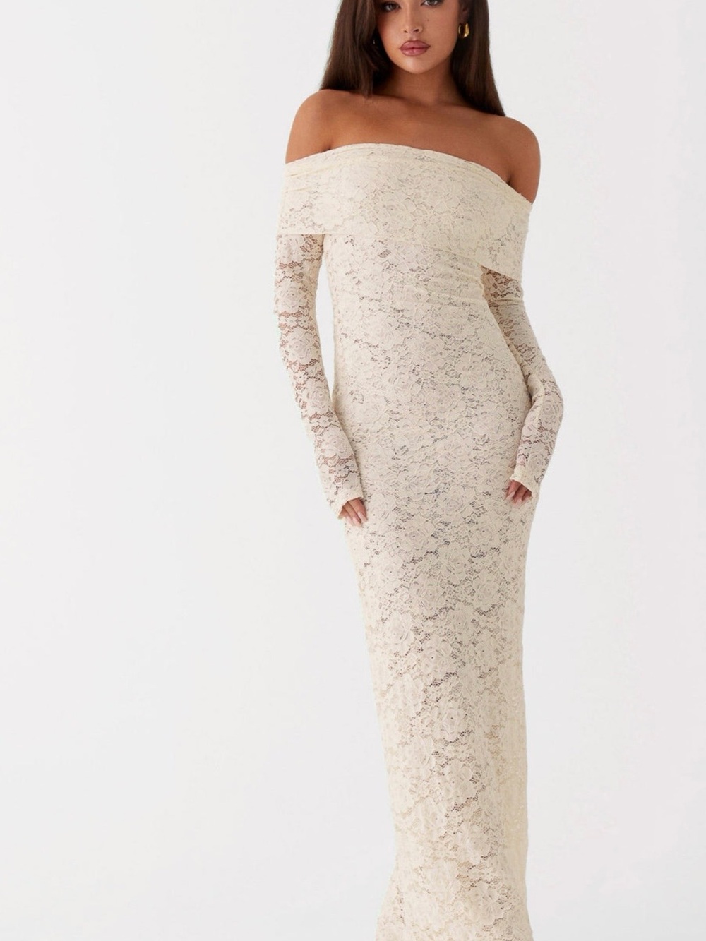 Peppermayo Ivory Off-Shoulder Lace Maxi Dress